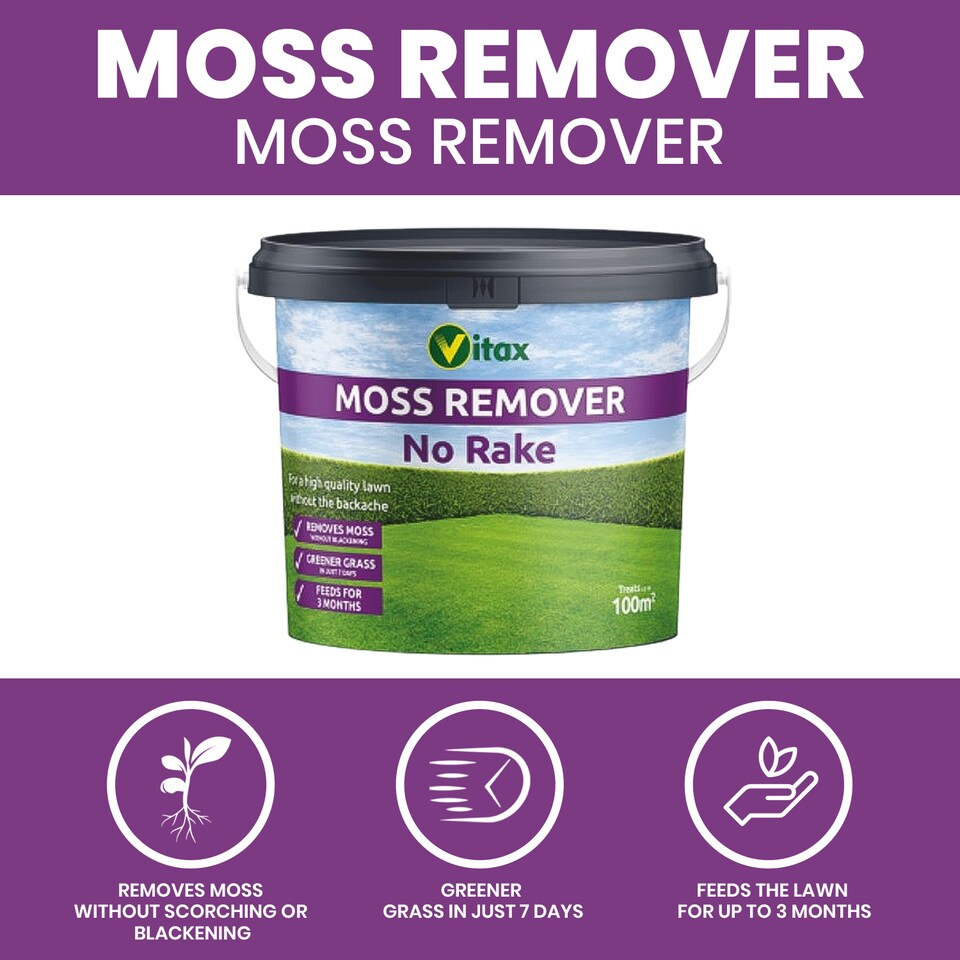 image 1 of Vitax Moss Remover 100 square meter Tub Lawn Fertiliser for Moss Removal & Feeding Greener Lawn No Rake 12 Week Feed UK Lawn Coe