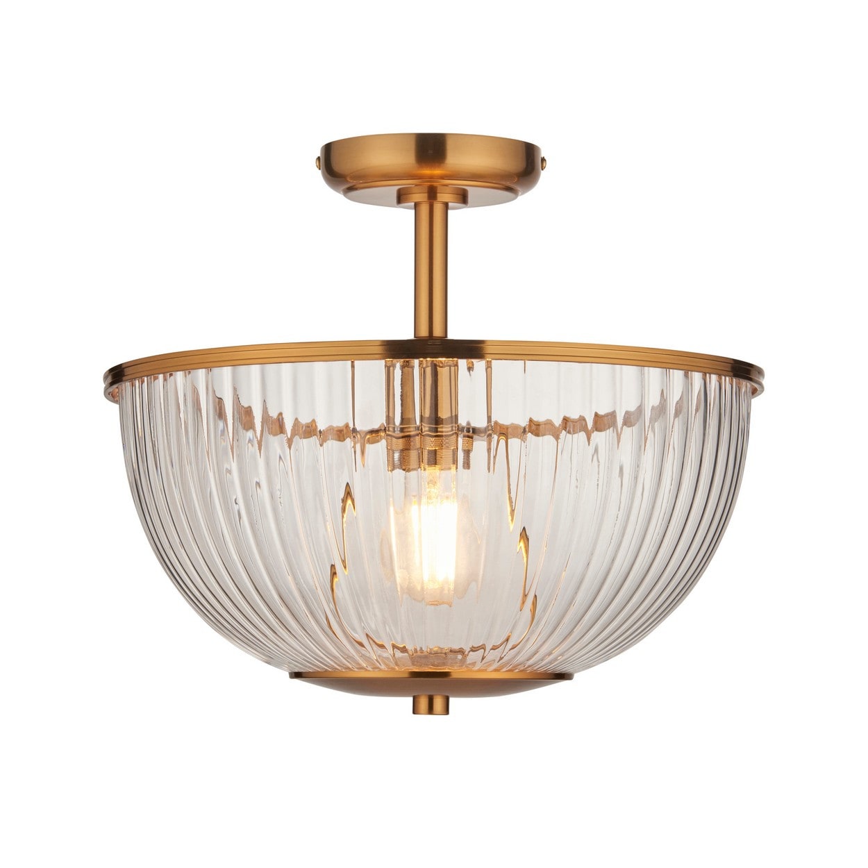 Somerset Bowl Semi Flush Ceiling Light Vintage Brass Finish & Clear Ribbed Glass E27