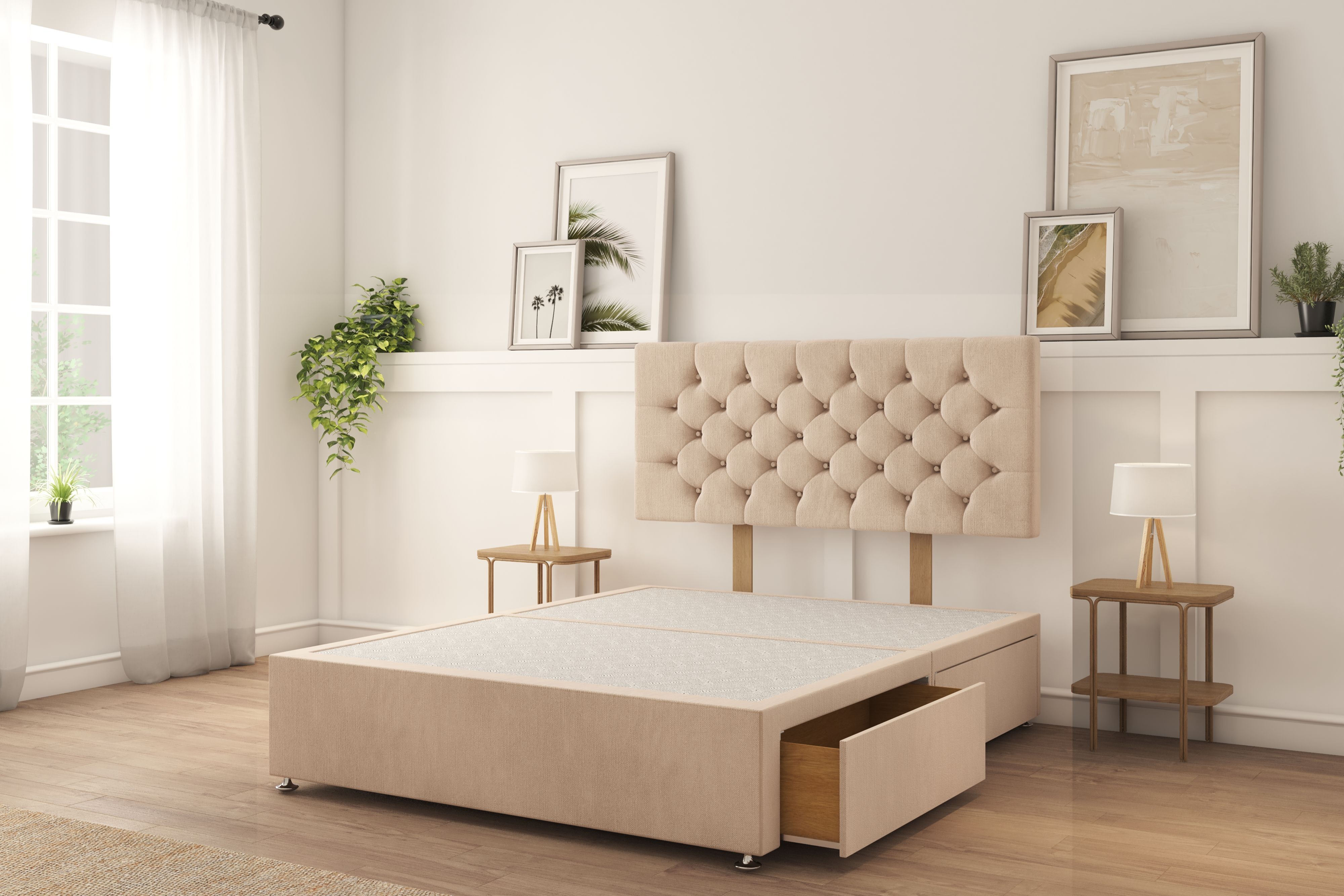 Sloomy Mayfair Sand Naples Divan Bed Base 2 Drawers Foot-End With 26" Strutted Headboard 4'6 Double