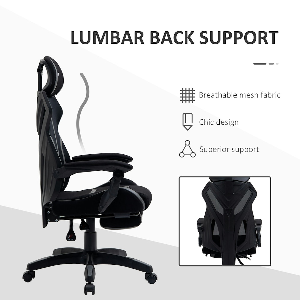image 1 of Vinsetto Mesh Task Swivel Chair Office Desk Recliner w/ Lumbar Support, Grey