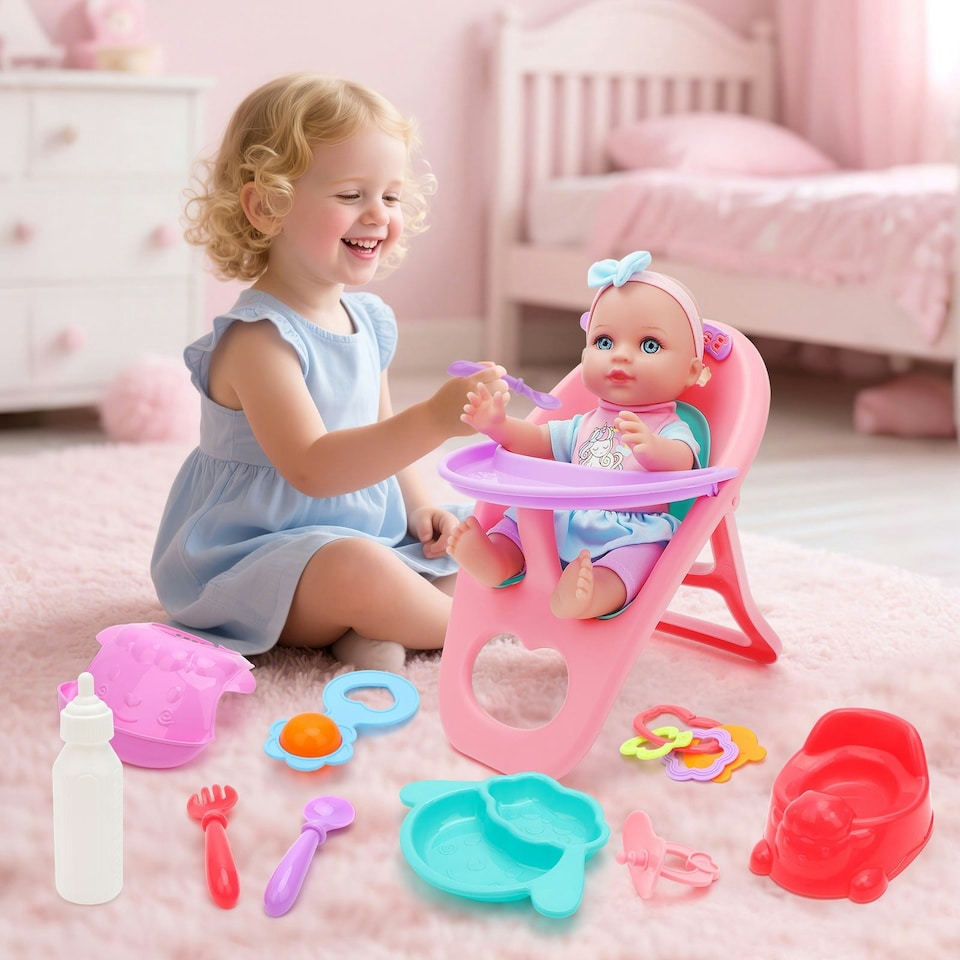 image 1 of 12 Inch Baby Doll Toys Feeding Set with Carry Backpack High Chair Playset