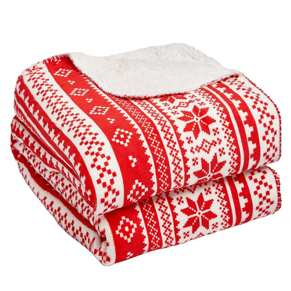Dreamscene Nordic Sherpa Fleece Faux Fur Blanket, 150x180cm Red/White