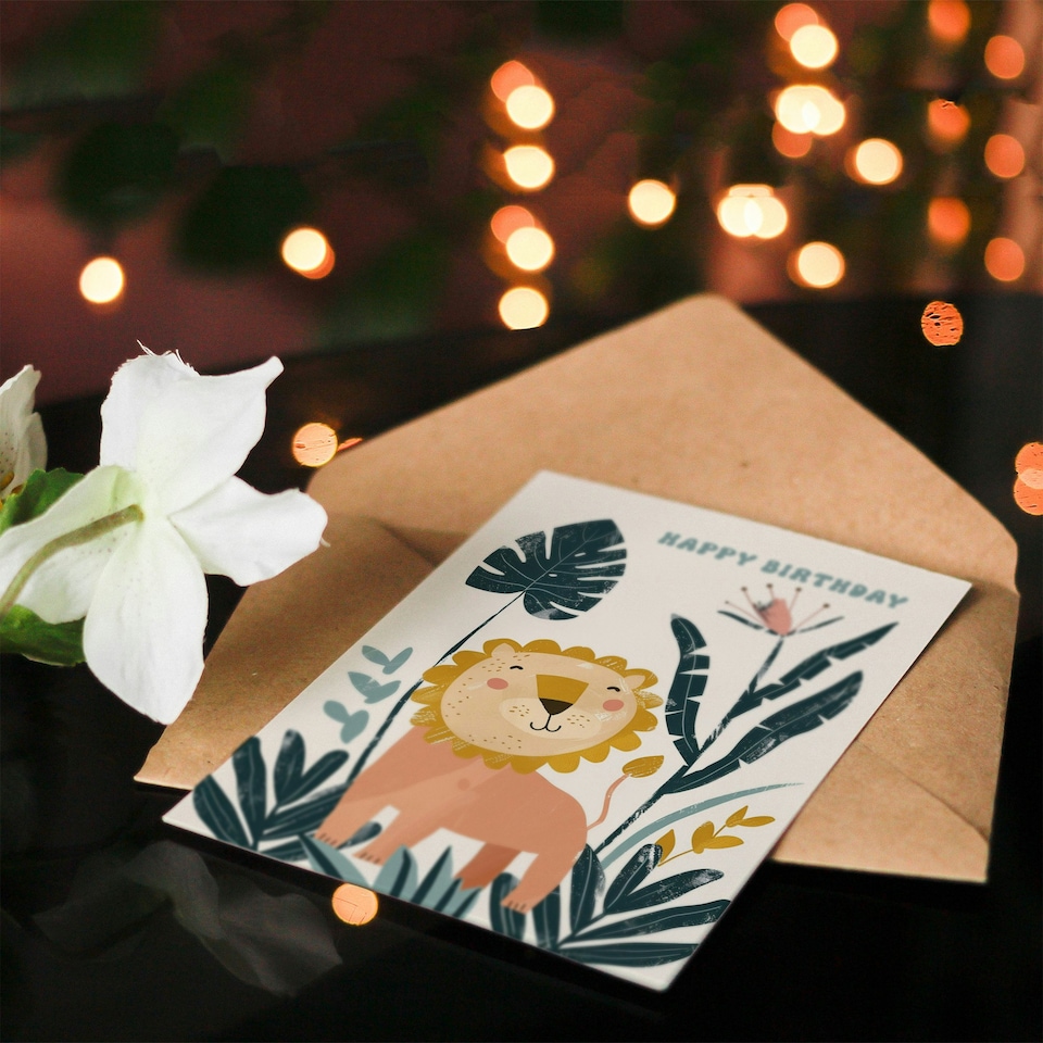 image 1 of Cute Jungle Flowers Kids Girl Boy Lion Child Kids Birthday Card