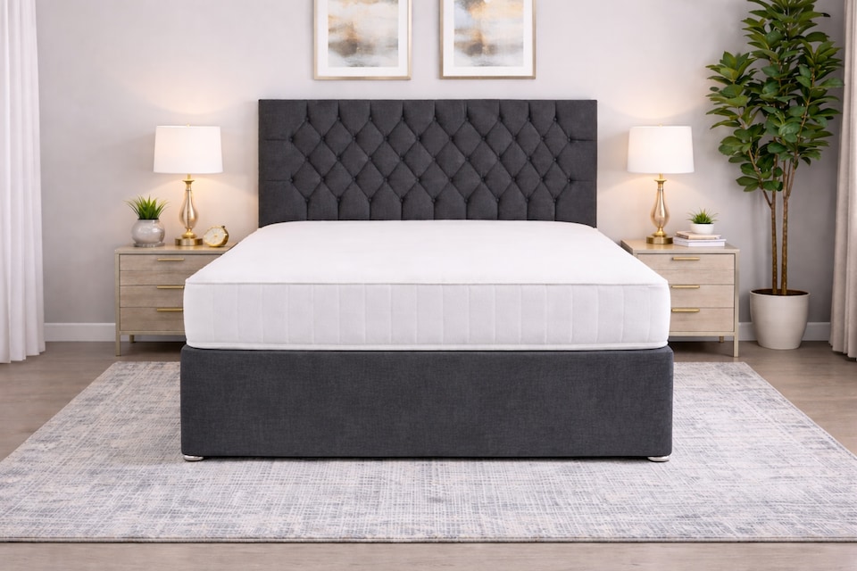 image 1 of 3FT Single  Shadow Grey Coniston Divan Bed Set with Headboard & Orthopedic Mattress 2 Drawers Same Side