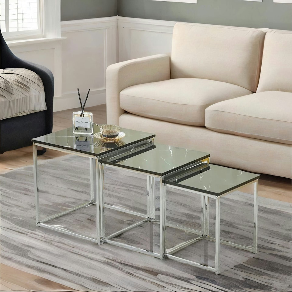 image 1 of Set Of 3 Faux Marble Nesting Tables Black Grey