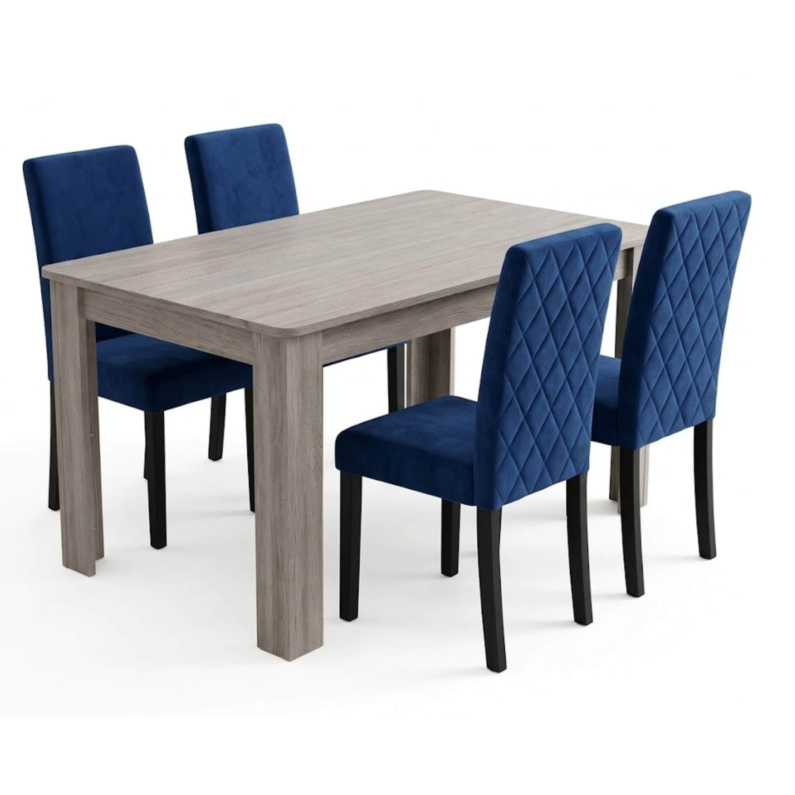 Velvet Dining Room Set with Arrow Grey Table and 4 Blue Diamond Stitch Chairs with Wooden Legs