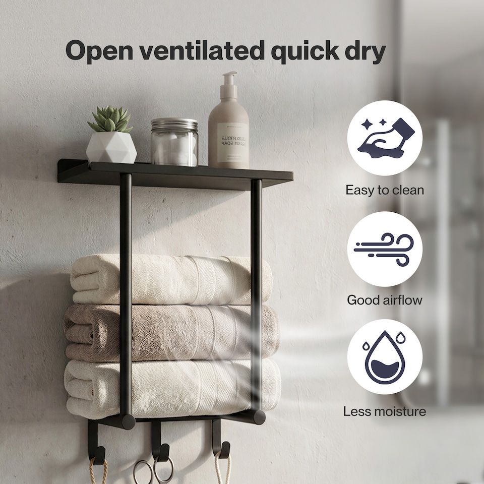 image 1 of Levede Towel Rack Wall Mounted Shelf Bathroom Storage Holder with Hooks Black