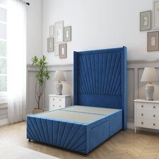 Sloomy Rutherford Navy Plush Divan Bed Base No Drawers With 54 Inch Wingback Headboard & 12 Inch Matching Footboard | Blue | Navy | Small Single | 1