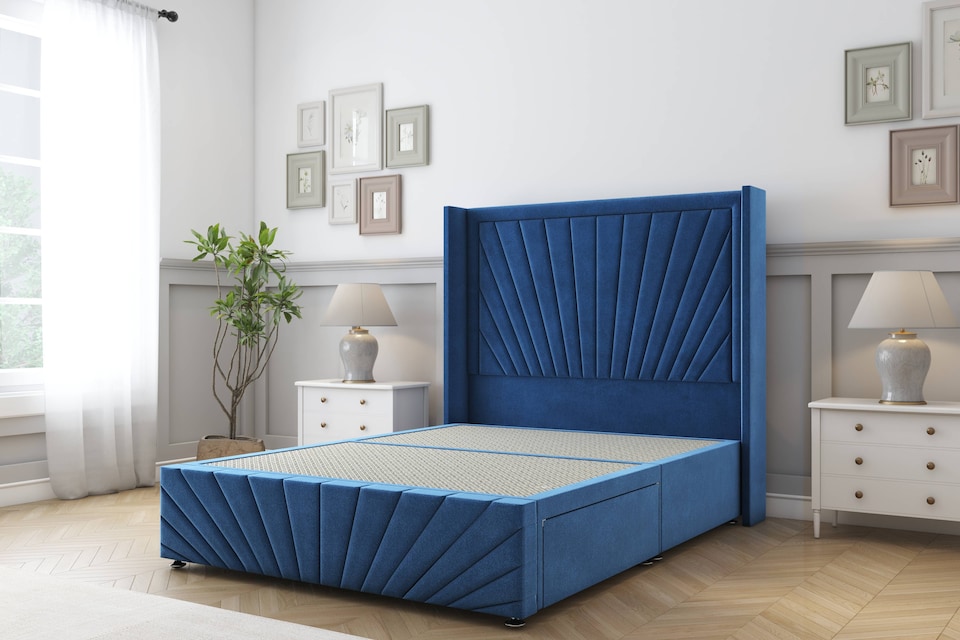 image 1 of Sloomy Rutherford Navy Plush Divan Bed Base No Drawers With 54 Inch Wingback Headboard & 12 Inch Matching Footboard | Blue | Navy | Small Single | 1