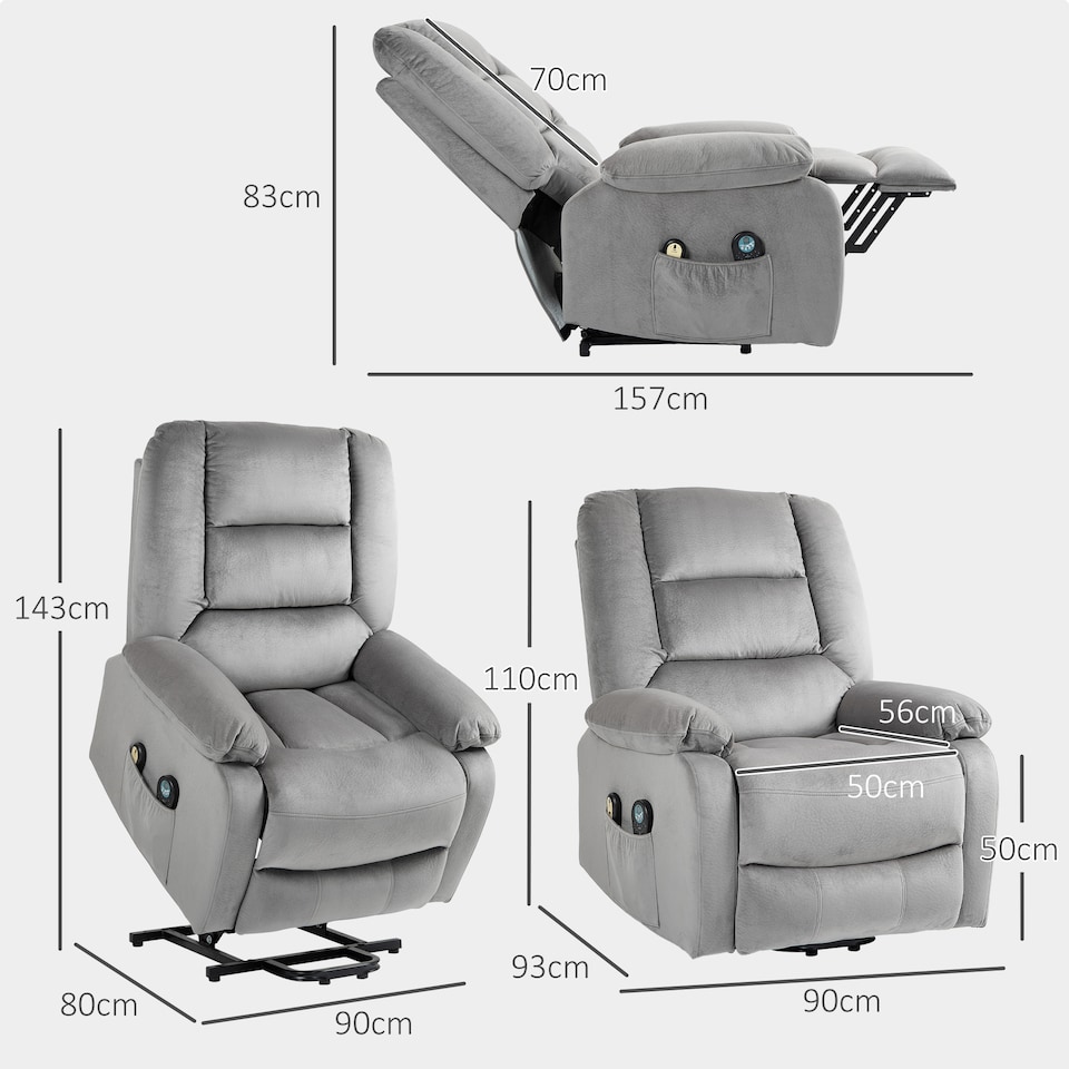 image 1 of HOMCOM Power Lift Riser and Recliner Chair with Vibration Massage and Heat, Velvet Fabric Electric Recliner Armchair for Elderly with Remote Controllers, Side Pocket, Quick Assembly, Grey | Grey | Grey