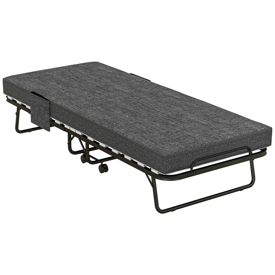 image 1 of HOMCOM Folding Bed with Mattress Foldable Guest Bed on Wheels w/ Cover Dark Grey