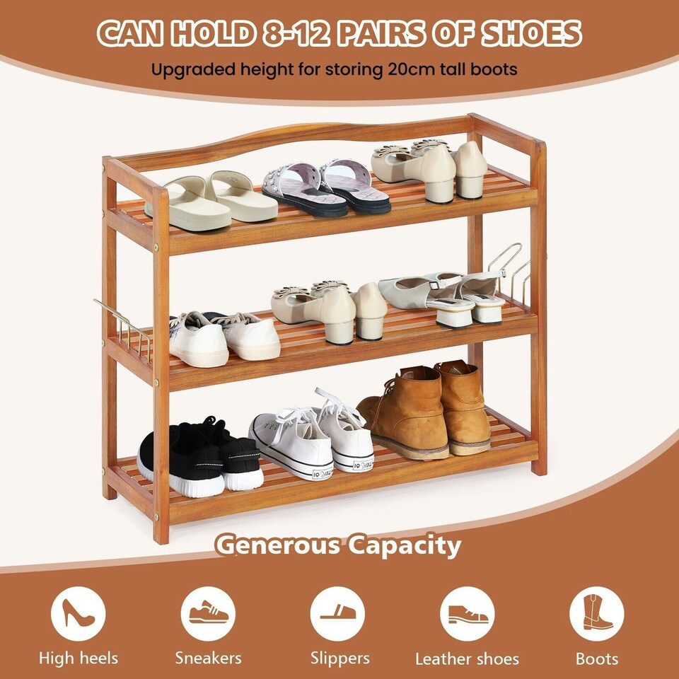 image 1 of COSTWAY 3-Tier Wood Shoe Rack Solid Shoe Storage Shelf Brown