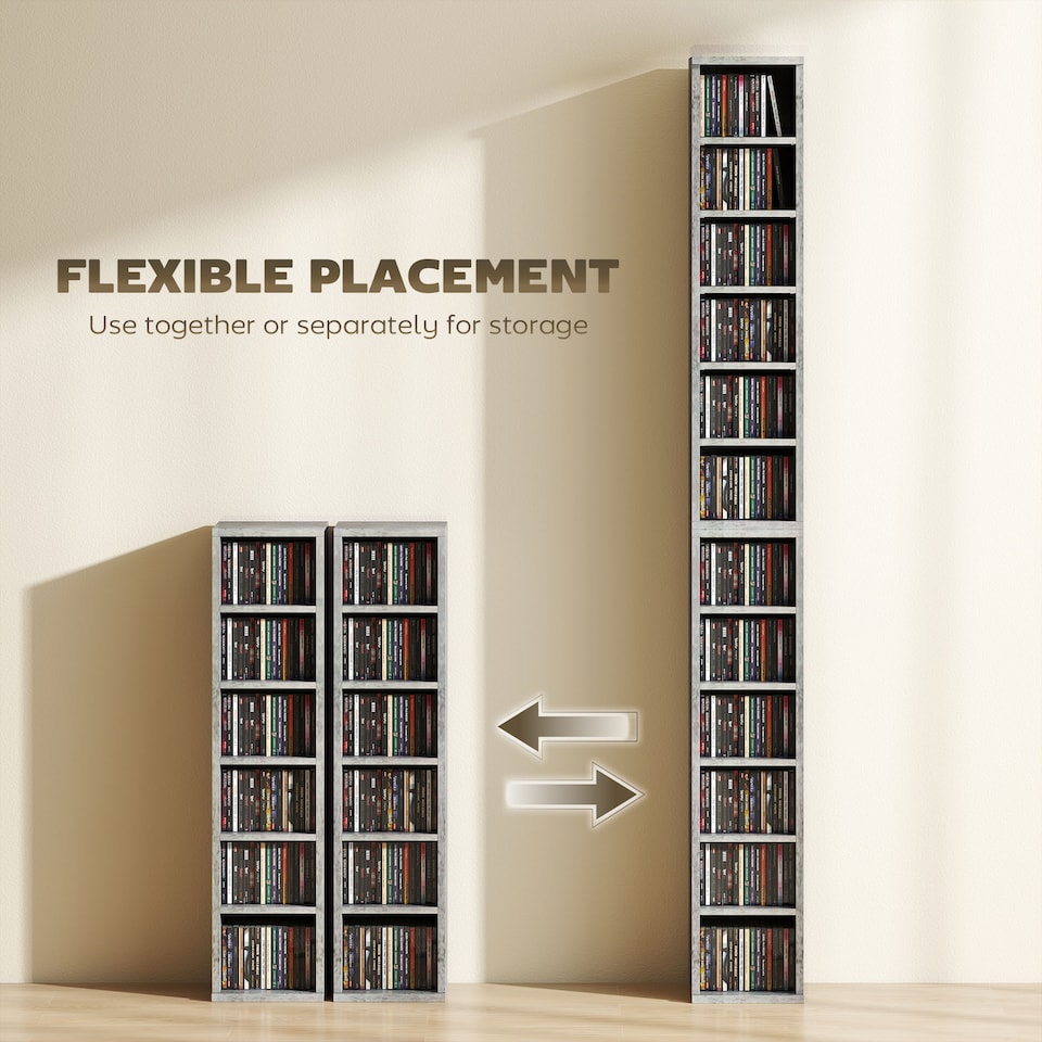 image 1 of HOMCOM Set of 2 CD Storage Units DVD Shelf with Adjustable Shelves | Grey | Cement grey | 21W x 22.5D x 88.5H cm