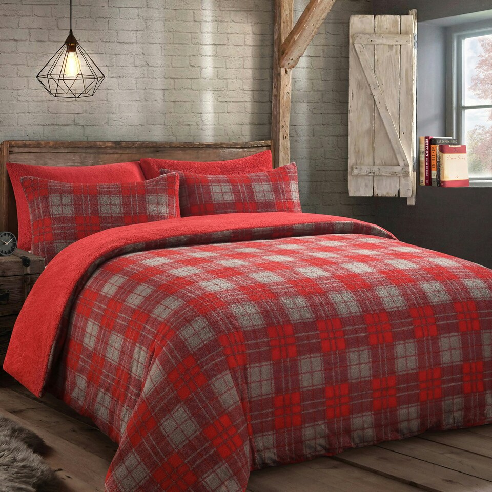 image 1 of Velosso Check Teddy Fluffy and Warm Fleece Duvet Cover Set Red | Red | Single