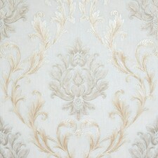 Sample of Aurora Damask wallpaper in duck egg green with vintage cream and gold Multi