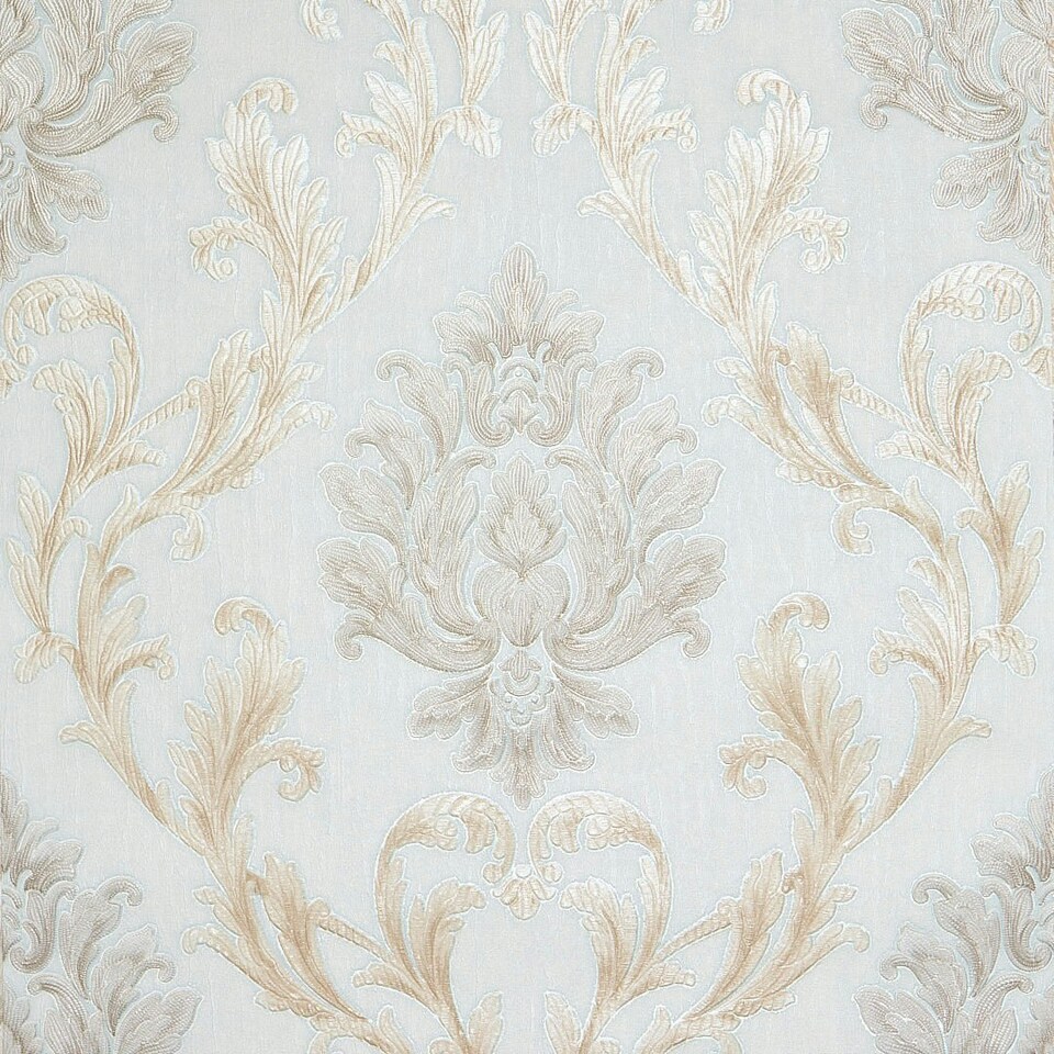 Sample of Aurora Damask wallpaper in duck egg green with vintage cream and gold Multi