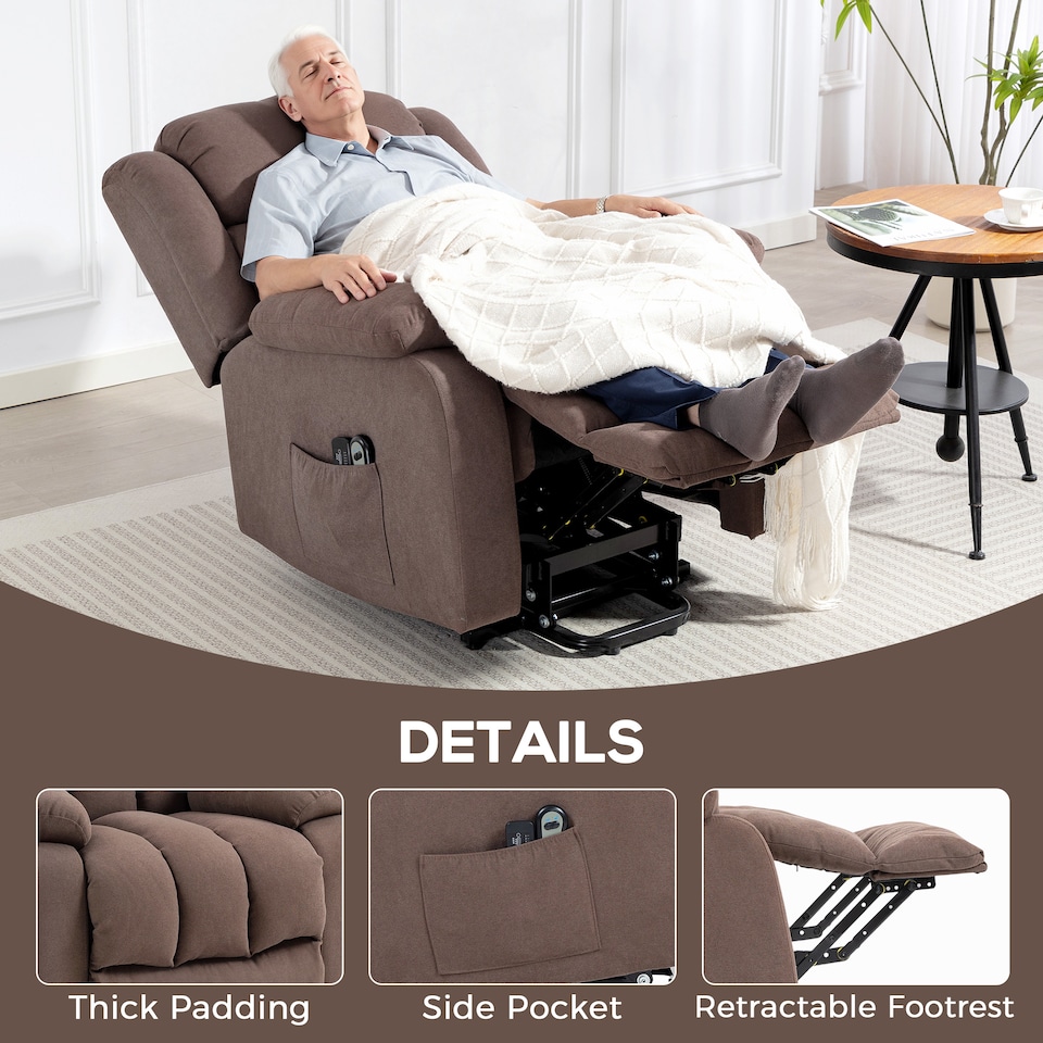 image 1 of HOMCOM Power Lift Recliner Chair with Massage, Linen Overstuffed Lift Chair for Elderly, Electric Recliner Armchair with Footrest, Remote Control and Side Pocket, for Living Room, Dark Brown | Brown | Dark brown