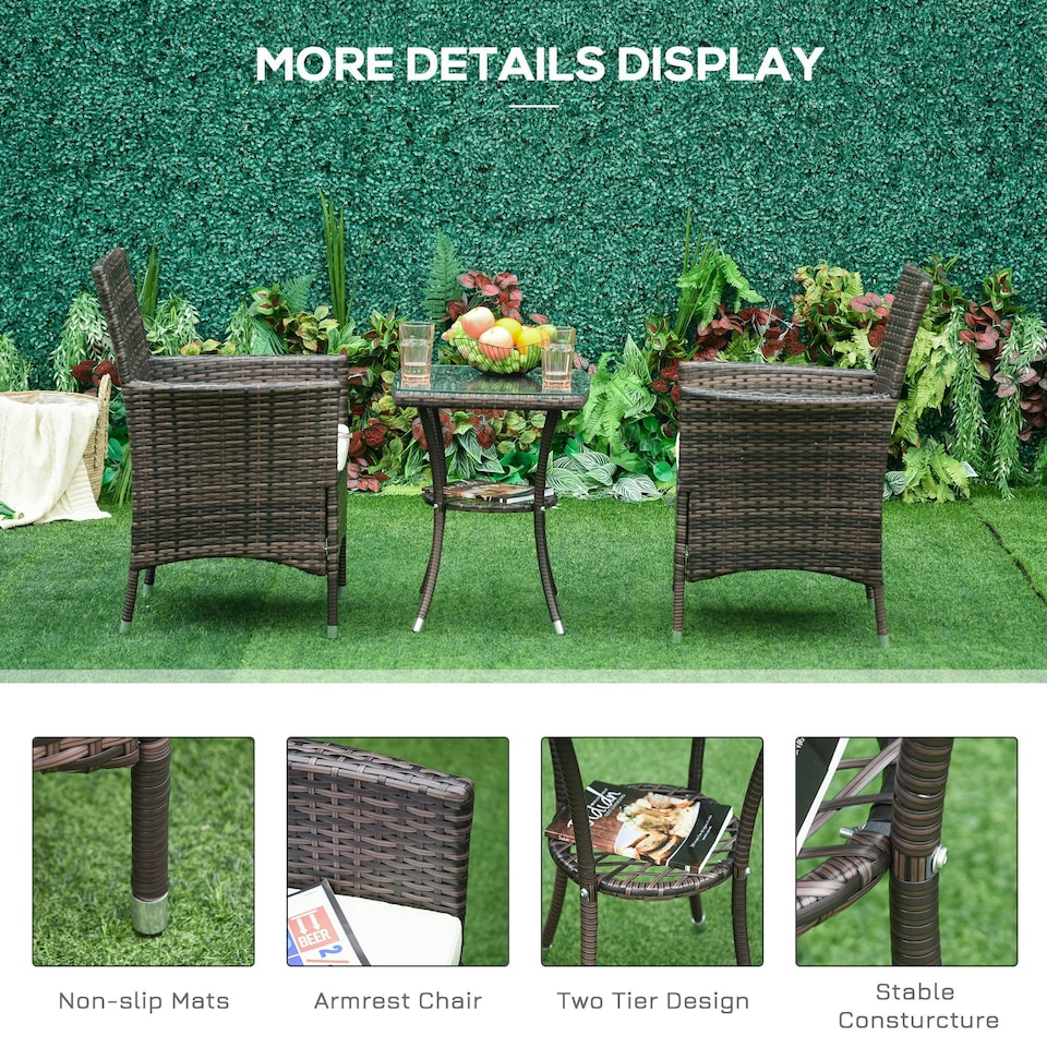 image 1 of Outsunny Rattan Bistro Set Garden Chair Table Patio Outdoor, Brown