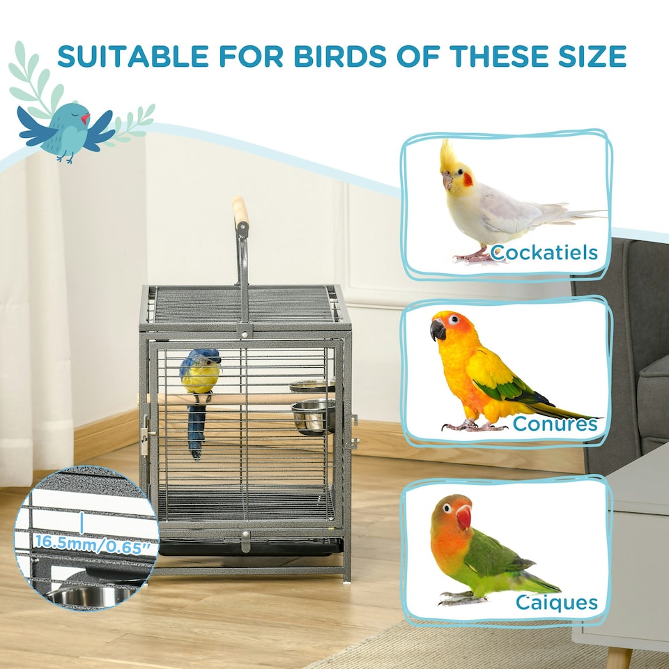 image 1 of PawHut Parrot Cage, Travel Carry Pet Bird Cage Cockatiel w/ Metal Handle