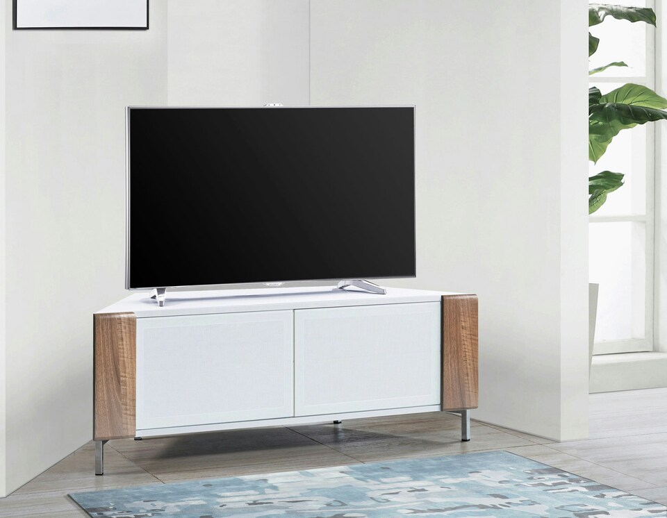 image 1 of MDA Designs CORVUS Corner-Friendly Gloss White Contemporary Cabinet with Walnut Profiles White BeamThru Glass Doors Suitable for Flat Screen TVs up to 50" | Multi | 1