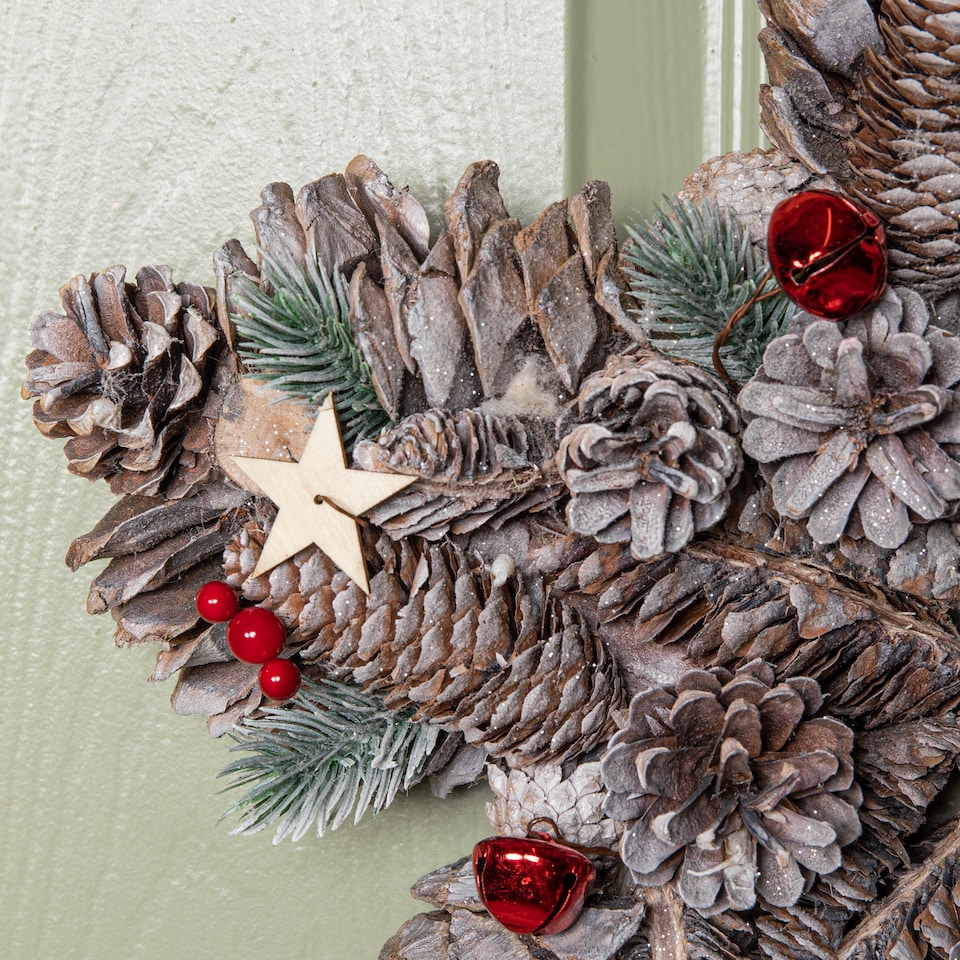 image 1 of 35cm Frosted Hanging Christmas Star Wreath with Red Jingle Bells & Wooden Stars