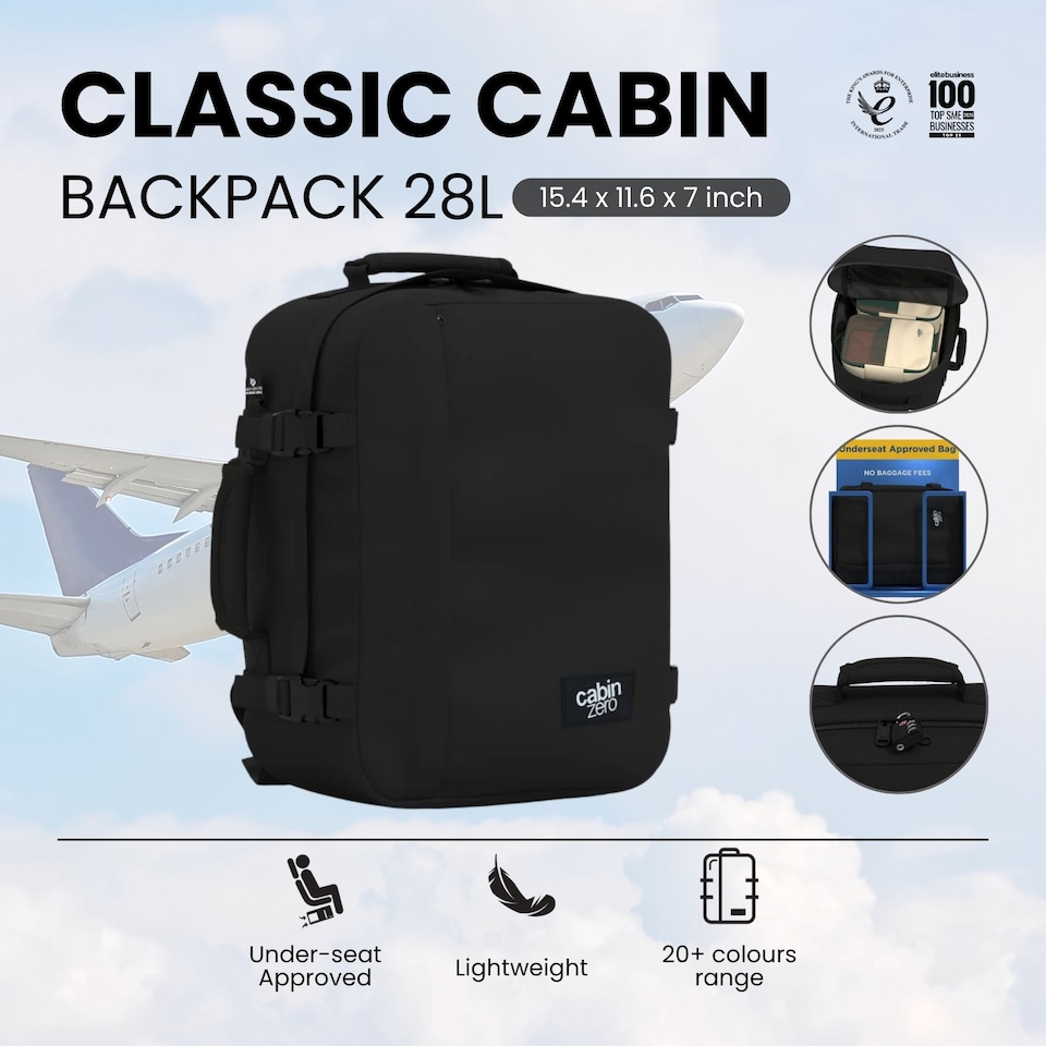 image 1 of CabinZero Classic 28L Lightweight Cabin Backpack, Airline Approved Underseat Carry On for Ryanair & EasyJet, Water Resistant with Lockable Zippers | Black | Absolute Black