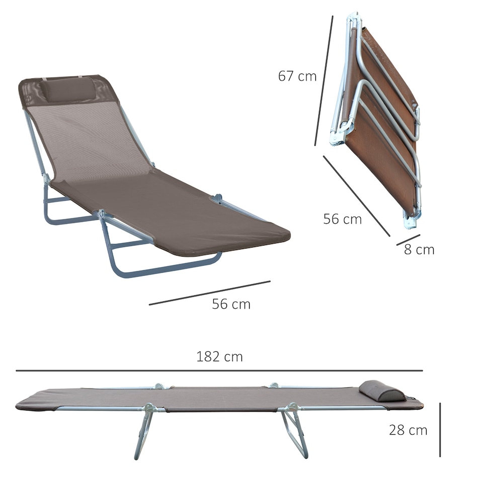 image 1 of Outsunny Folding Sun Lounger for Garden, Texteline Reclining Sun Bed with 5 Position Adjustable Backrest, Headrest, Portable Garden Lounger Recliner Chair for Beach, Patio, Camp, Coffee