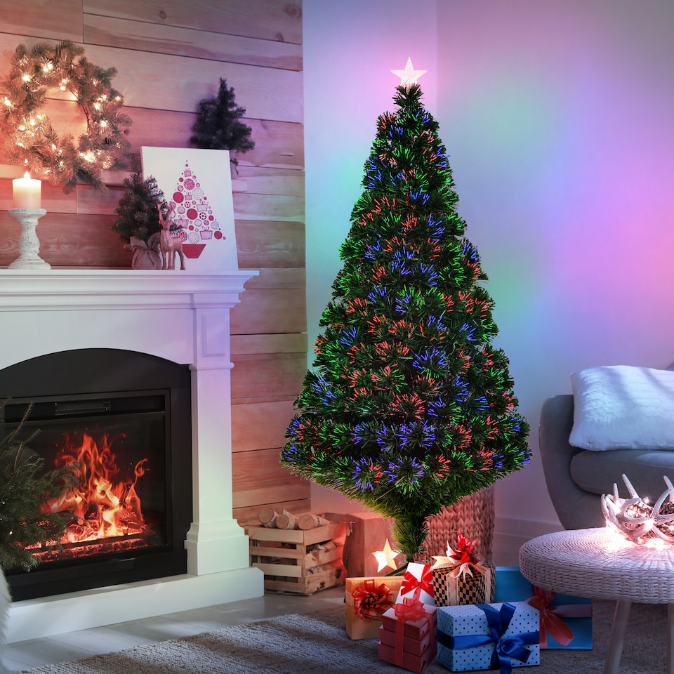 image 1 of HOMCOM 5FT PreLit Fibre Optic Artificial Christmas Tree Holiday Xmas Decor with Tree Topper MultiColour