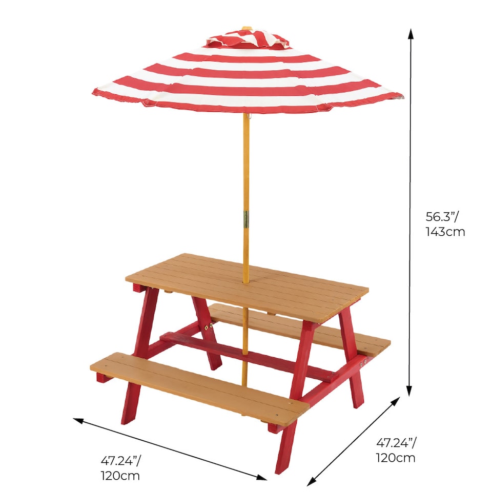 image 1 of Teamson Kids Children's Wooden Picnic Table with Umbrella for Outdoor Garden Play, Red