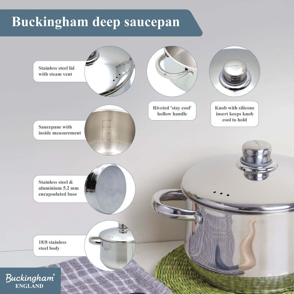 image 1 of Buckingham Stainless Steel Deep Saucepan 20 cm , 3.8 Litre | Silver