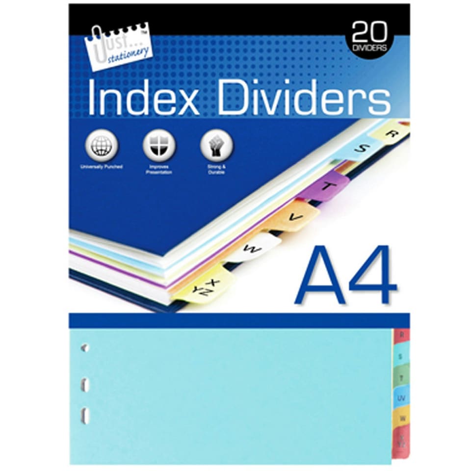 Just Stationery 20 A-Z A4 Paper Index Dividers - Multicoloured - One Size