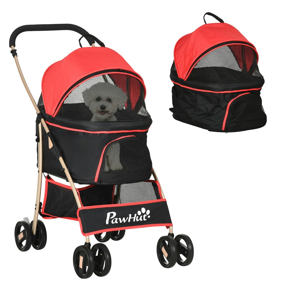 image 1 of PawHut 3 In 1 Pet Stroller, Detachable Dog Cat Travel Carriage - Red