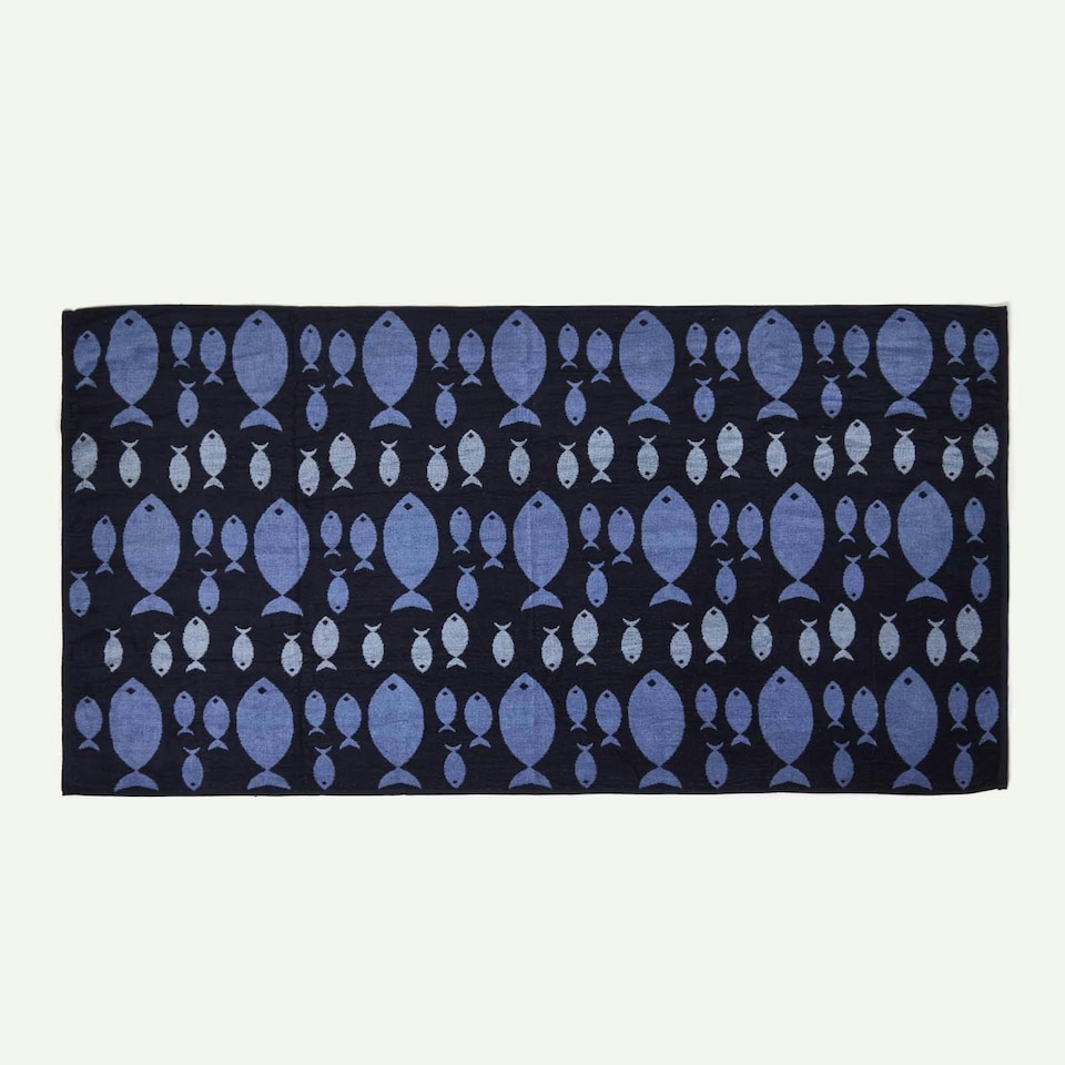 image 1 of Homescapes Blue Fish Recycled Cotton Beach Towel | Blue