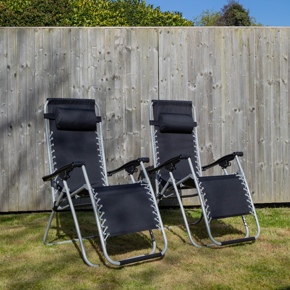 image 1 of Pair of Multi Position Garden Gravity Relaxer Chair / Sun Lounger - BLACK/SILVER