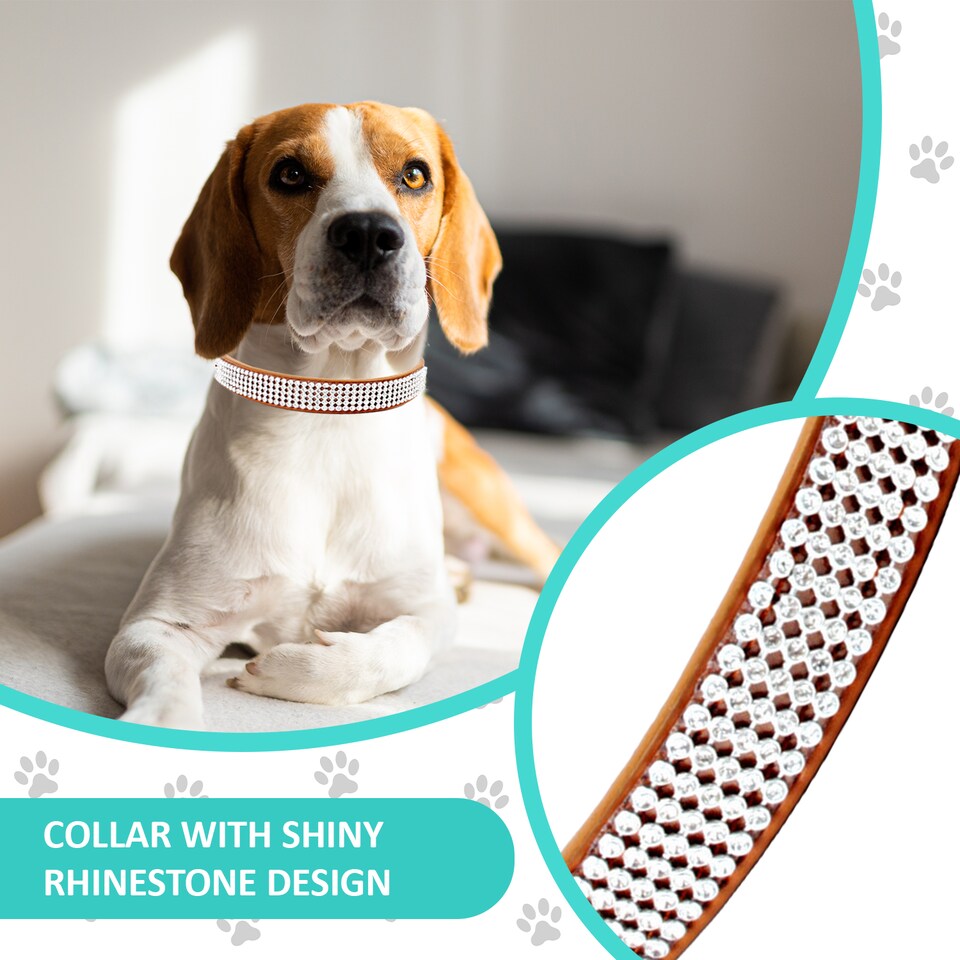image 1 of Trimming Shop Diamante Dog Collar, PU Leather Pet Collar, Dog Belt