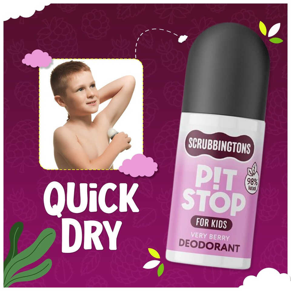 image 1 of Scrubbingtons Pit Stop Kids Deodorant Natural Roll On For Children, Teens Natural Ingredients For Sensitive Skin Paediatrician approved, Aluminium & Alcohol Free, Very Berry 75ml | White | White | 1