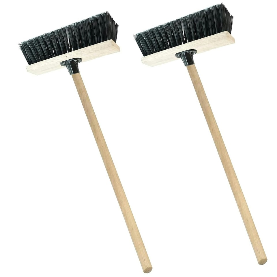 image 1 of 2 x 13" Strong Black Wooden Handle PVC Bristle Sweeping Broom Great For Outdoor Areas