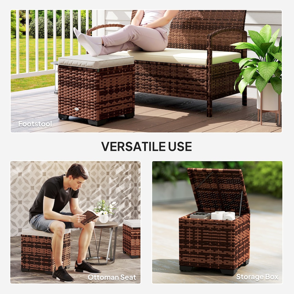 image 1 of Outsunny Set of 2 Rattan Storage Ottoman, Outdoor Footstool with Removable Cushions, Garden Storage Seat for Balcony, Porch, Living Room, Beige | White | 40W x 40D x 40H cm | 1