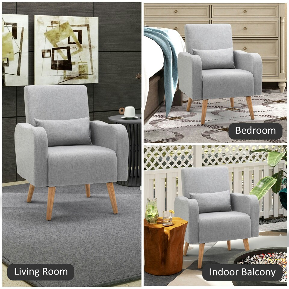 image 1 of HOMCOM Nordic Leisure Lounge Sofa Accent Chair with Pillow for Bedroom Grey