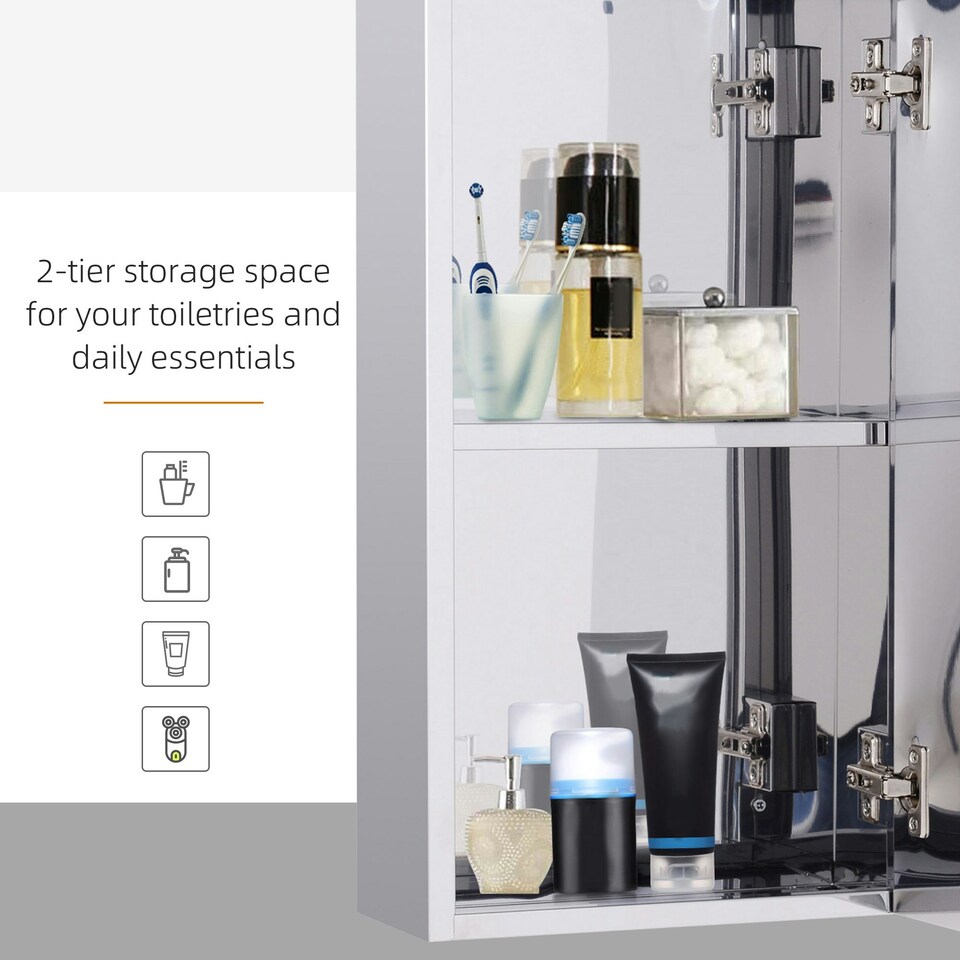 image 1 of HOMCOM Wall Mounted Bathroom Mirror Glass Storage Cabinet Stainless Steel