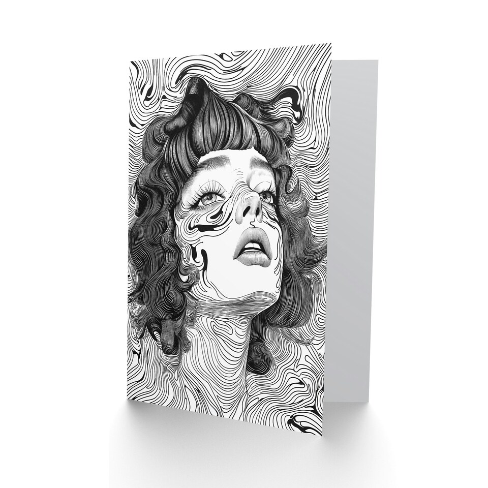 image 1 of Manic Pixie Girl Trippy Black White Line Portrait Birthday Greeting Card