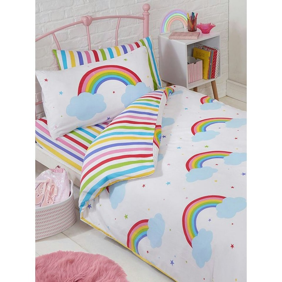 image 1 of Bedding & Beyond Childrens/Kids Rainbow Duvet Cover Set - White/Blue - Double | White | Double