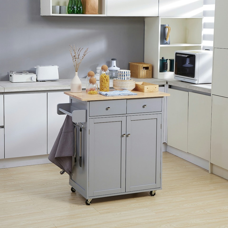 image 1 of HOMCOM Rolling Kitchen Island, Utility Serving Cart with Rubber Wood Top Grey
