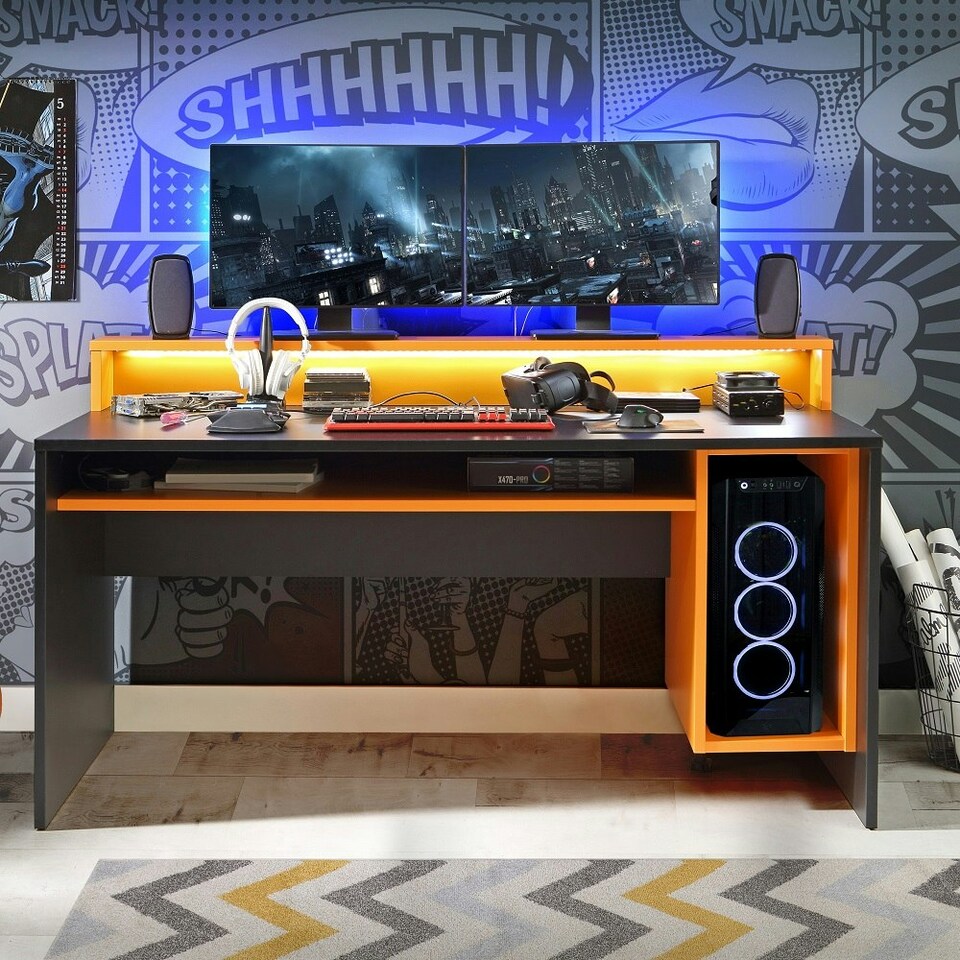 image 1 of Tezaur 160 Orange Computer PC Gaming Desk With Colour Changing LED Lights Orange