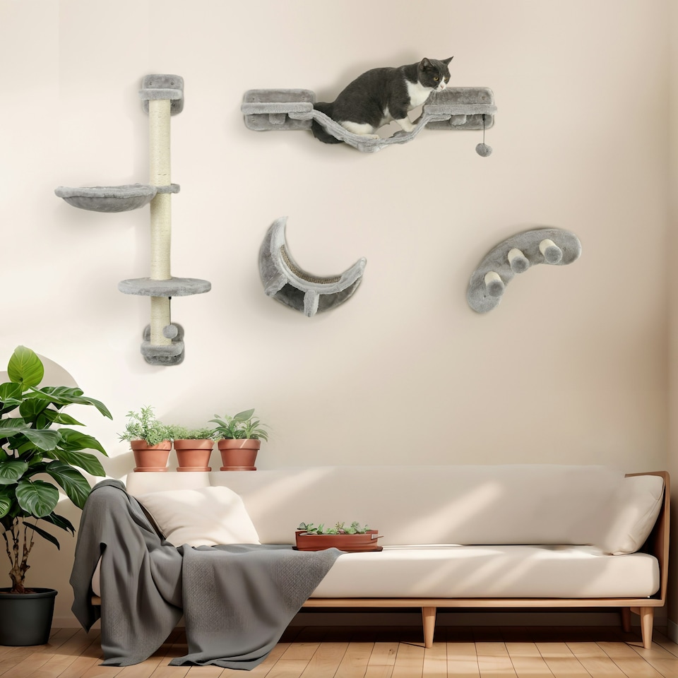 image 1 of PawHut 4 Piece Cat Wall Furniture Hammock Ladder Steps Plush Sisal Grey