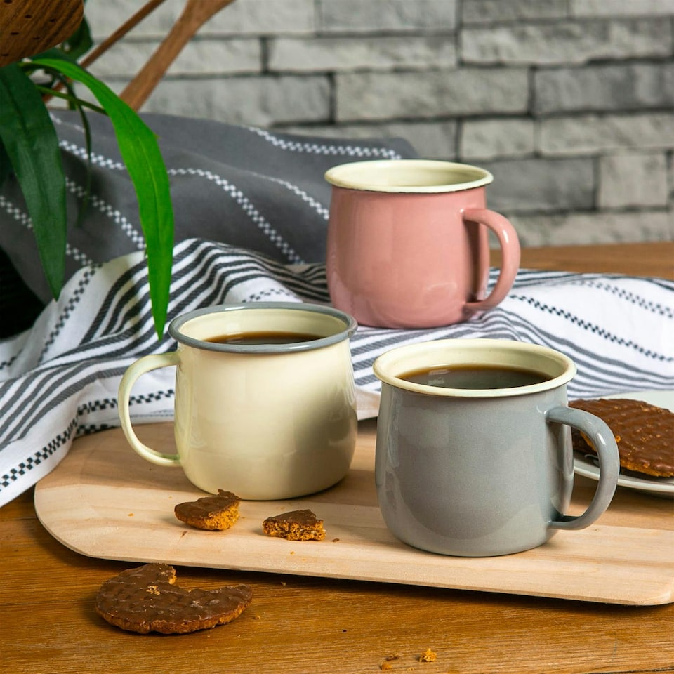 image 1 of Argon Tableware Coloured Enamel Belly Mugs - 375ml - Pink/Cream - Pack of 6 Multi
