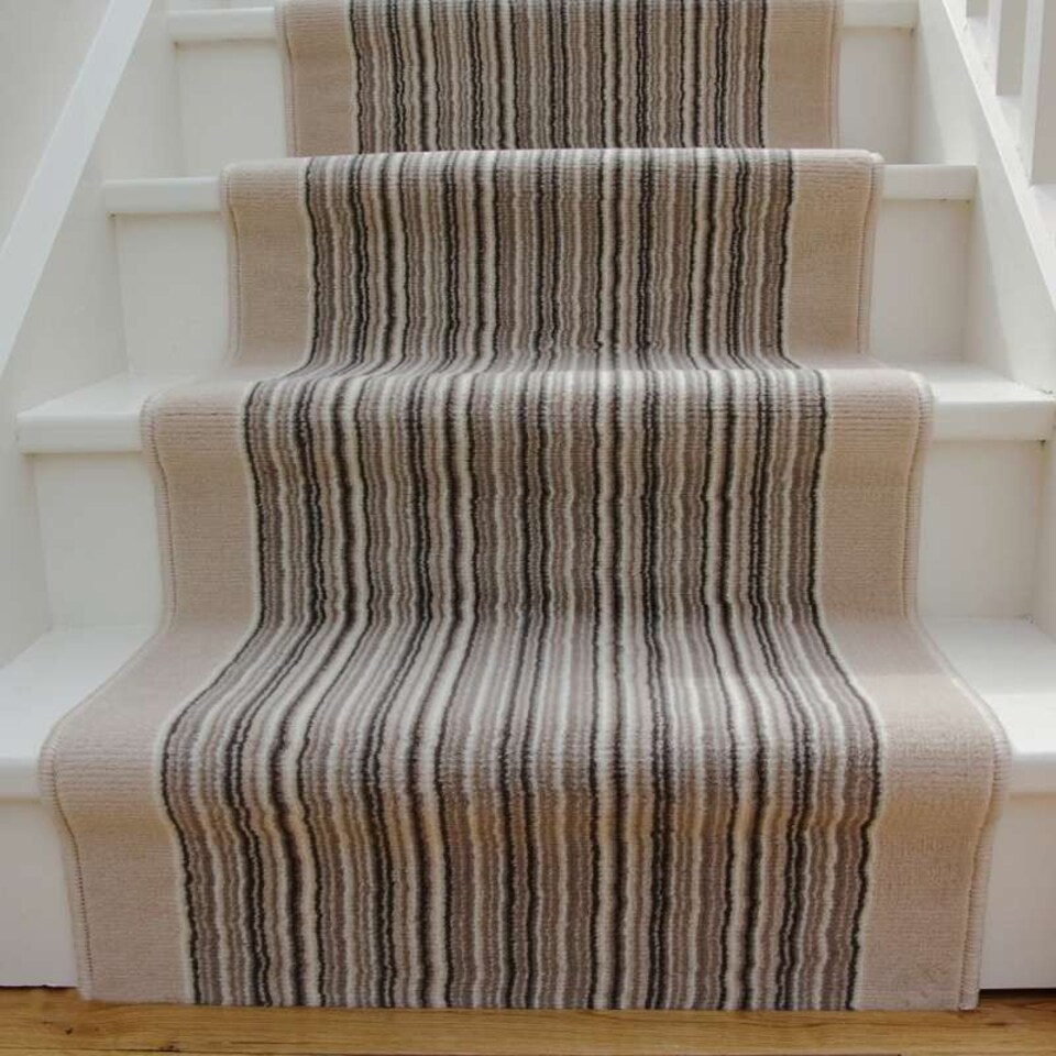 image 1 of KUKOON Beige Striped Cut to Measure Stair Carpet Runner Rug 70cm Wide 70cm x 150cm