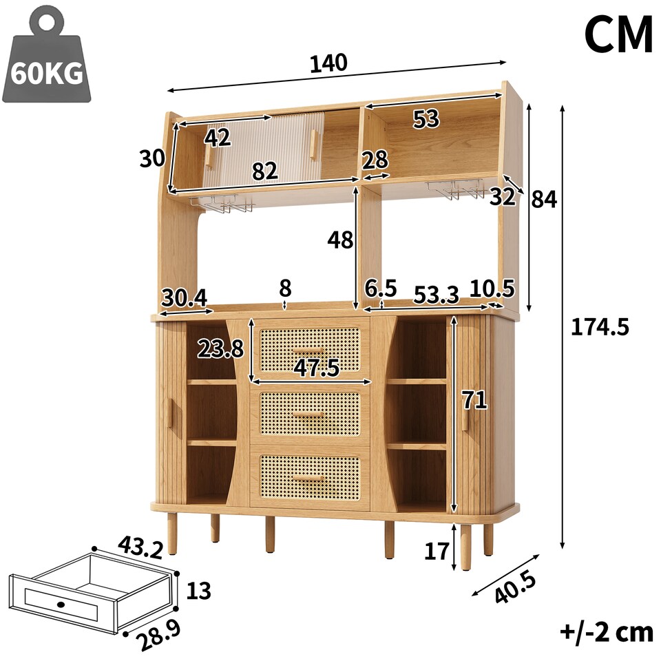 image 1 of VILUXE Tall Kitchen Storage Cabinet with Rattan-Effect Drawers and Glass Sliding Doors, 140 cm, Natural Wood