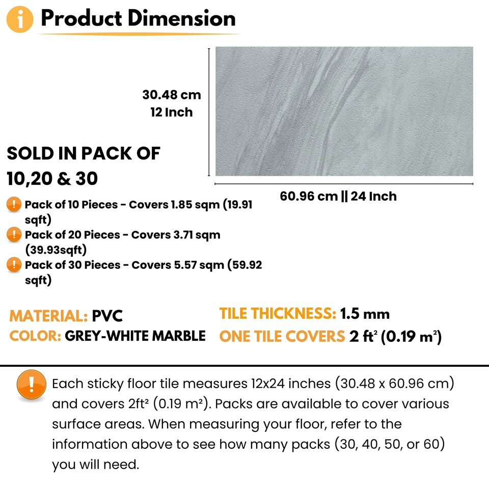 image 1 of NOVECRAFTO Vinyl Floor Tiles Self Adhesive – 12x24in Peel and Stick Waterproof Rectangular Flooring for Kitchen & Bathroom – Grey White Marble Effect Grey | 1.85 sqm