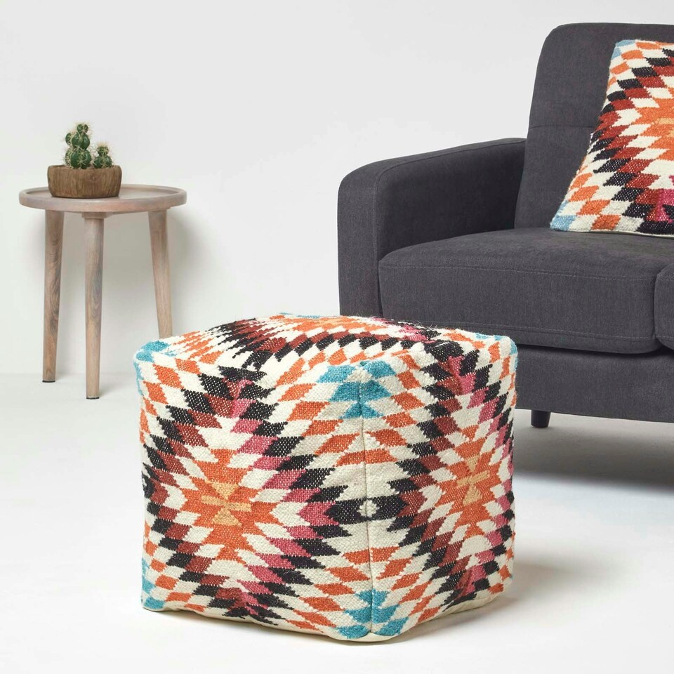 image 1 of Homescapes Manila Orange and Pink Kilim Footstool Handwoven Beanbag Pouffe - 43 x 43 cm
